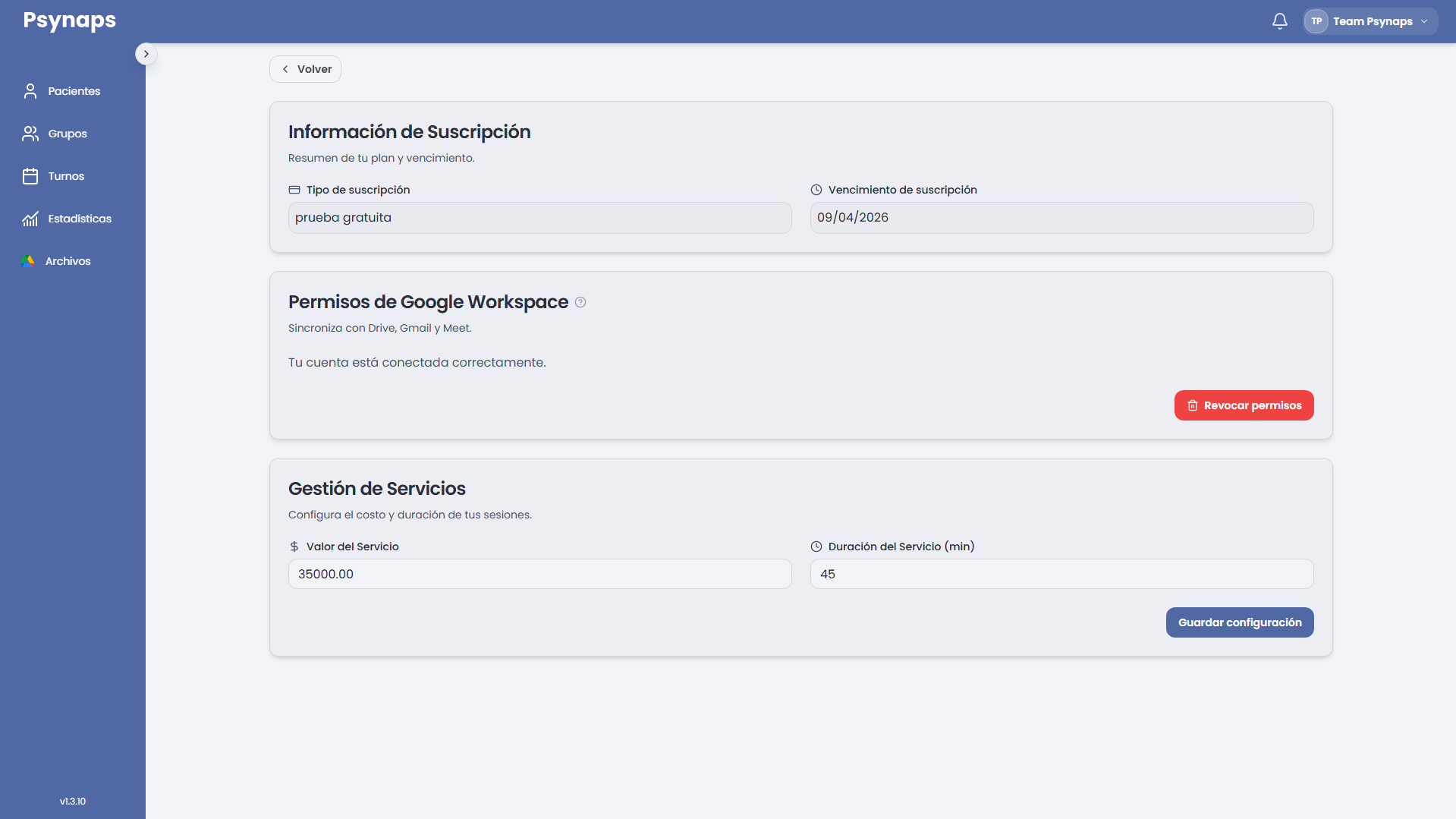 Sección Google Workspace en Configuración con el botón Conectar y el estado de conexión activa