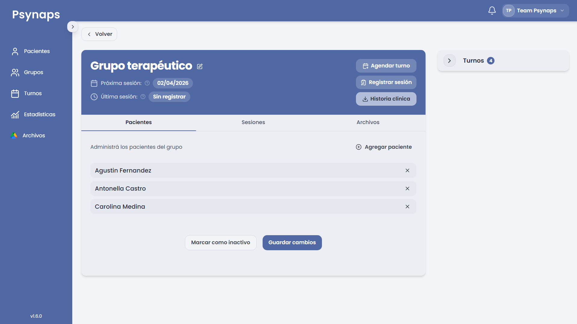 Perfil de grupo terapéutico con accesos directos, resumen de sesiones y las tres pestañas: Pacientes, Sesiones y Archivos
