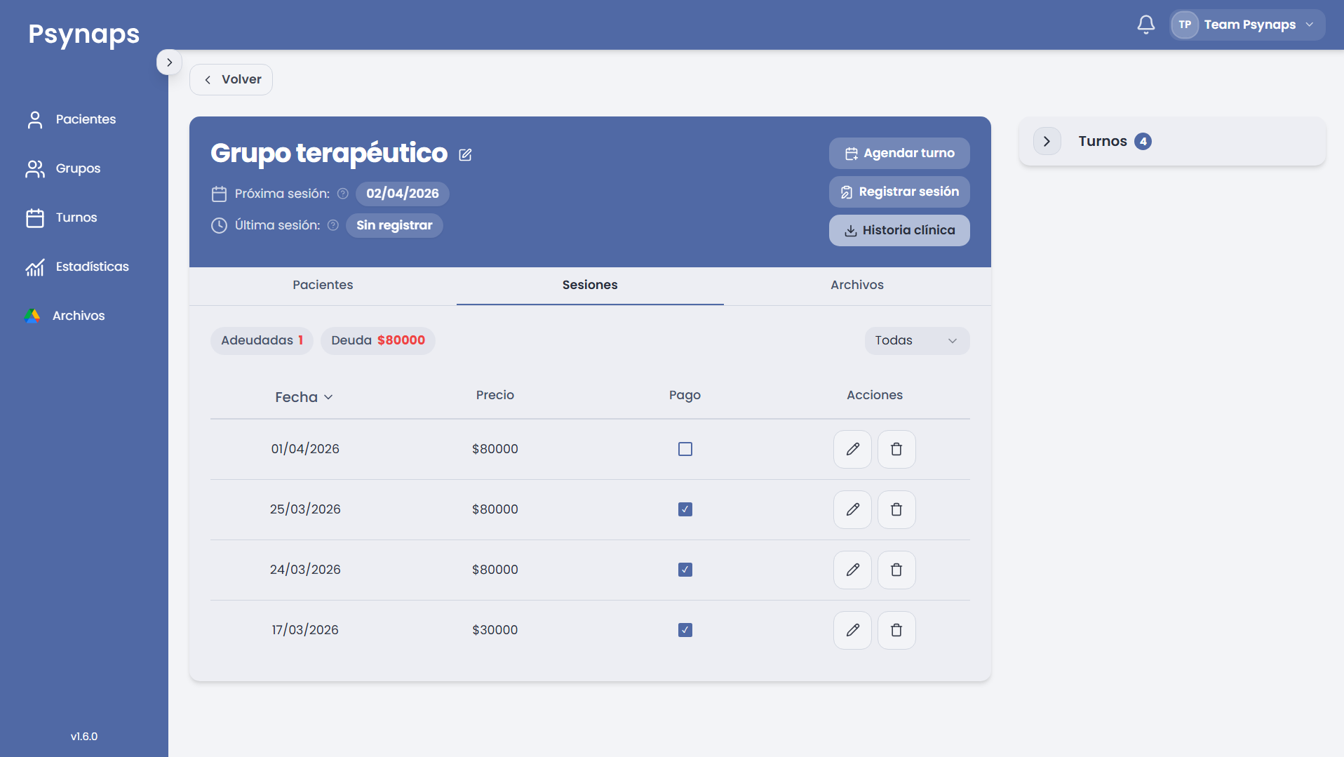 Perfil de grupo terapéutico con lista de integrantes, resumen de la próxima sesión y listado de sesiones registradas