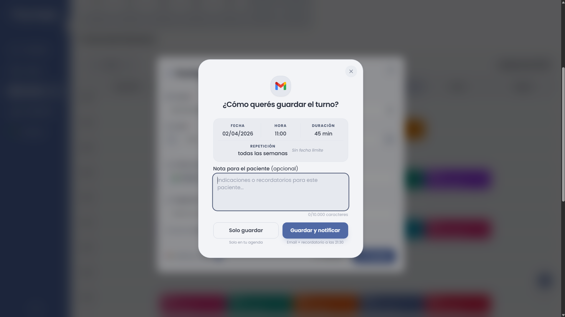 Diálogo de confirmación de turno con el checkbox de notificación y el campo de mensaje personalizado