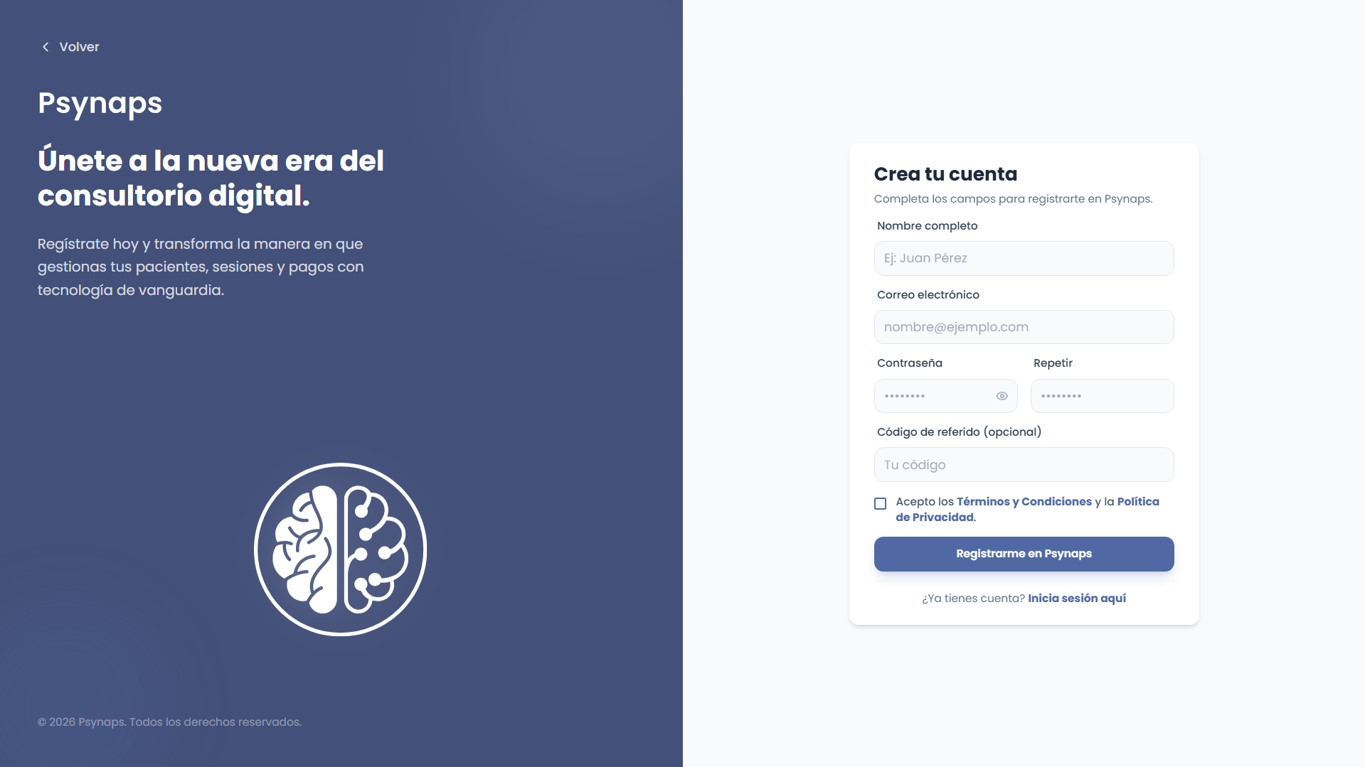 Pantalla de registro con campos de nombre completo, email, contraseña y aceptación de términos