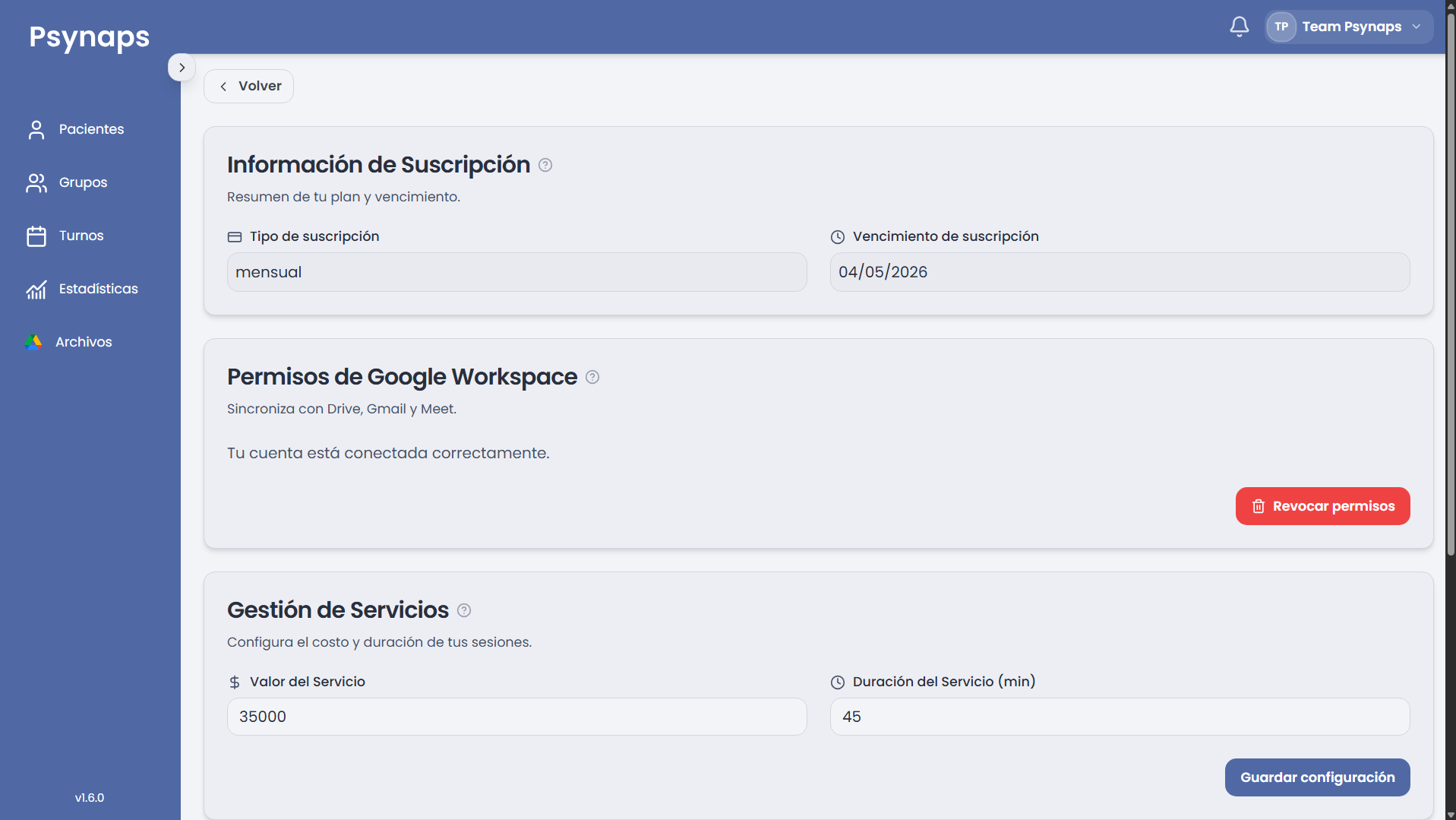 Sección de gestión de suscripción con estado actual, fecha de vencimiento y selector de planes